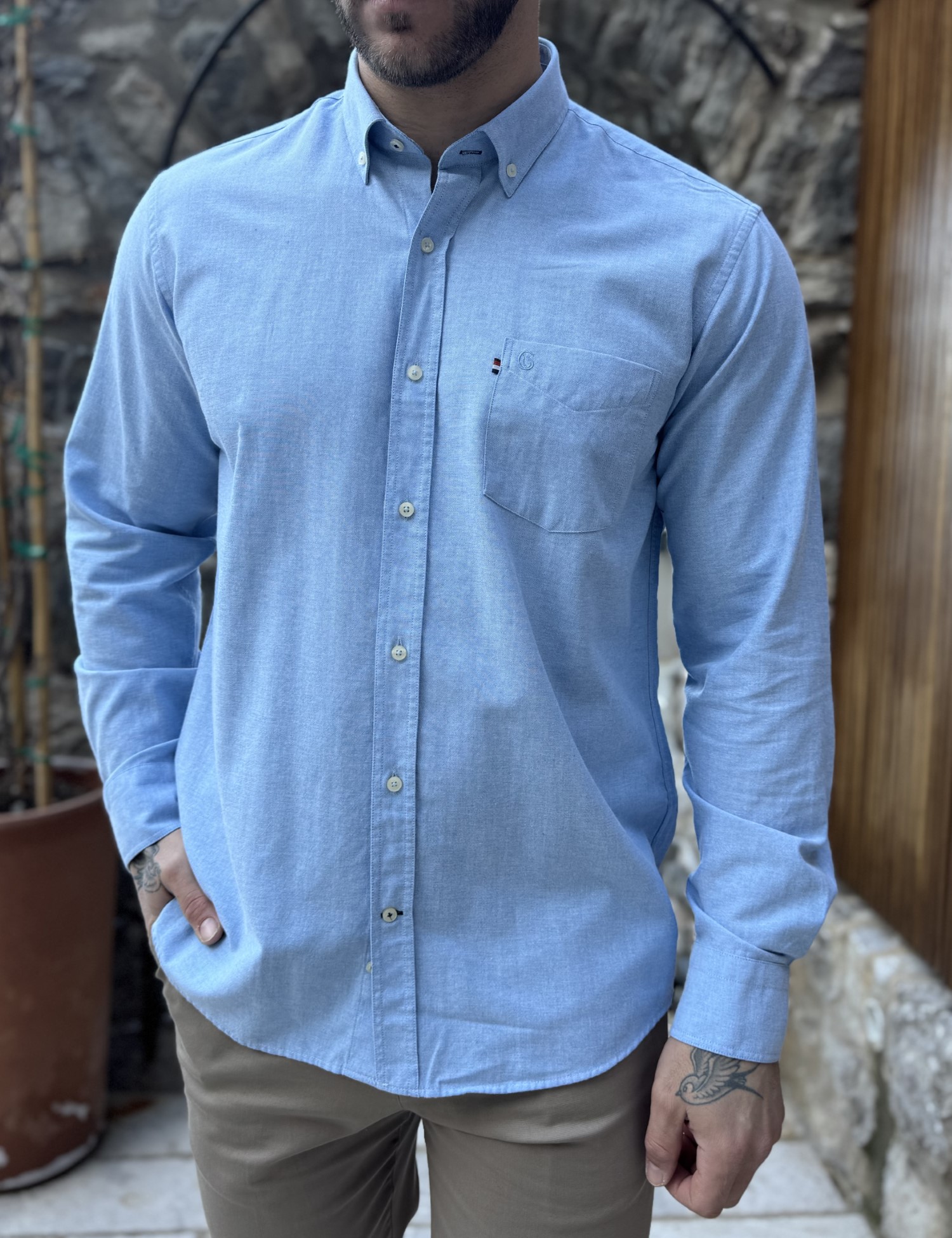 Ανδρικό σιέλ βαμβακερό πουκάμισο Oxford 966S